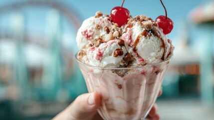 An enticing ice cream dessert topped with cherries and nuts, set against a bright backdrop, highlighting indulgence and joy in every creamy bite for dessert lovers.