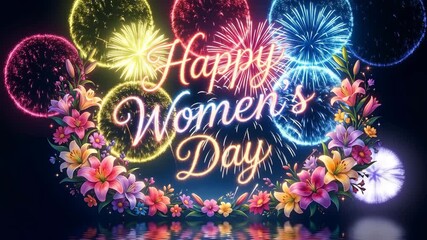 Vibrant neon Happy Womens Day celebration with colorful flowers and fireworks over water reflection 4K Ai HD high quality video.
 - Powered by Adobe