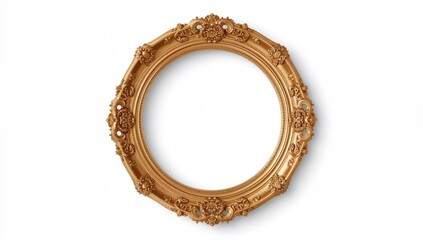 Old-fashioned circular mirror with a gold finish serving as a picture frame on plain white backdrop