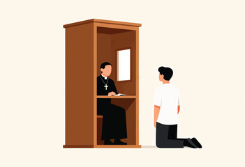 Clergy member hears confession from kneeling person in a wooden booth
