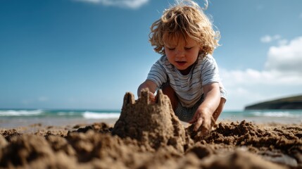 A child plays joyfully in the sand, constructing a sandcastle on a sunny beach, refreshing sea breeze enhancing the delightful experience of childhood and creativity at the shore.