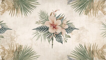 Watercolor tropical pattern featuring lush leaves for use as vintage wallpaper or decorative surface