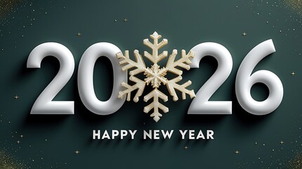 elegant happy new year 2026 with ornate snowflake, golden accents, dark background, celebration and holiday greeting card design