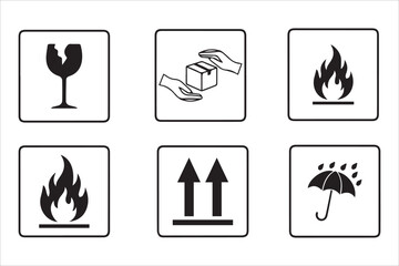 Vector flammable, upward, keep dry ,  Packing symbol set. Fragile, handle with care icons set