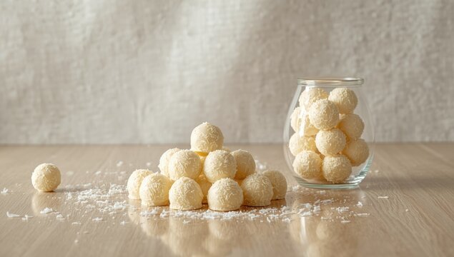 White chocolate coconut truffles arranged on a plate, emphasizing dessert presentation for special occasions