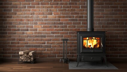 Traditional wood fired stove ignited with firewood, showcasing home heating technology