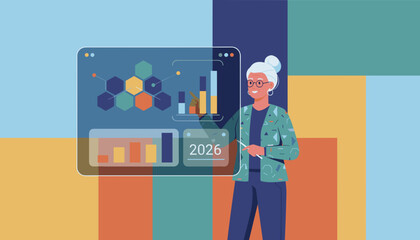 Professional senior woman presenting future financial data and analysis on a futuristic digital screen © Astroboy