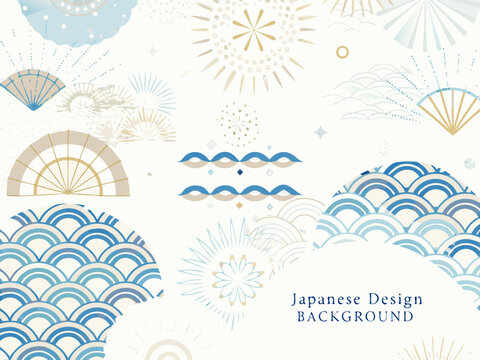 Japanese inspired patterns with waves fans and starbursts on white background