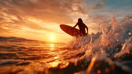 A dynamic scene of a surfer gracefully rides a wave during sunset, capturing the thrill and artistry of surfing against a stunning backdrop of vibrant ocean colors and movement.