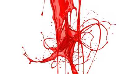 Vibrant red paint splash frozen in motion with dynamic drips and splatters isolated on transparent background