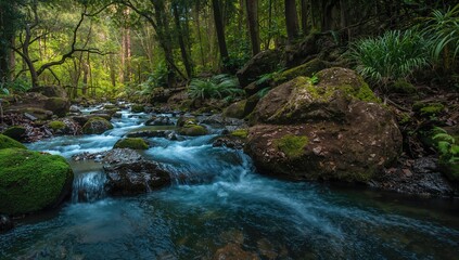 Rainforest scene with mountain stream, moss-covered rocks, and tall eucalyptus trees, highlighting seasonal greenery