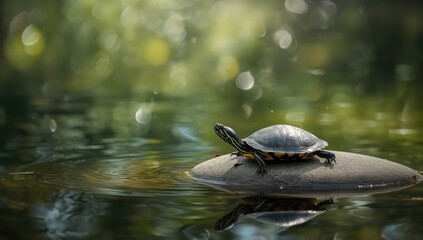 Fototapeta premium Red-eared turtle resting on a pond, highlighting reptile's natural environment and shell features, Earth Day