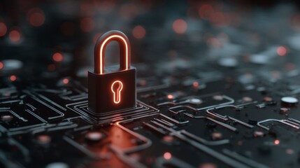 Close-up view of a glowing padlock on a computer circuit board, abstract composition and bokeh effect in the background