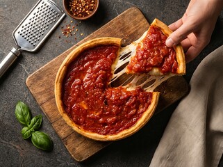Delicious Deep Dish Pizza with Melted Cheese Pull and Fresh Basil.