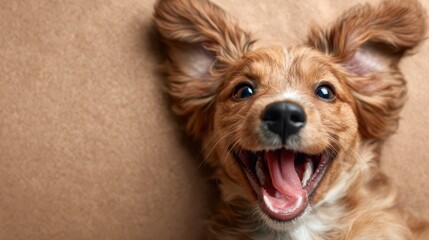 A cute puppy with ears perked up and a joyful expression, embodying pure happiness and playfulness, eliciting delight and affection from everyone around it.