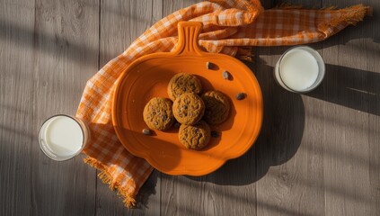 Homemade pumpkin spice cookies arranged on a pumpkin-shaped plate with milk glasses and a checkered napkin, autumn baking scene