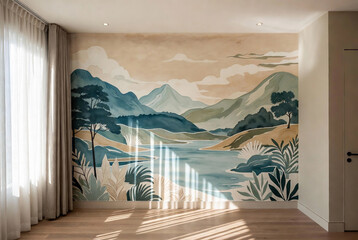 Wall mural in a modern empty room showing mountains, trees, and water during daylight hours