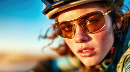 A vivid close-up of a cyclist wearing sunglasses and a helmet, capturing the determination and focus of athletic effort during an outdoor ride.