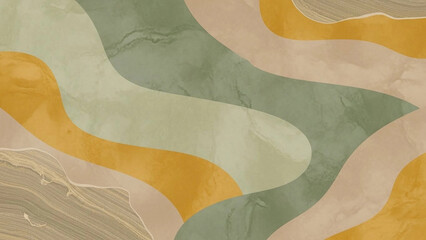 Modern horizontal wall art, wavy patterns in green, gold, and beige colors on a textured surface. Neutral textured mid century poster.