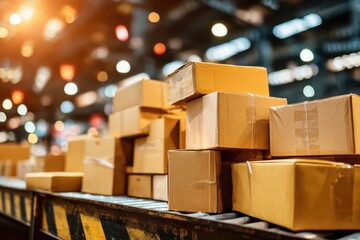 Countless cardboard packages meticulously stacked on a busy warehouse conveyor belt represent the organized flow of modern logistics, perfect for showcasing distribution and supply chain operations.