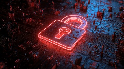A glowing red padlock over a complex circuit board, symbolizing security and protection in the digital realm. The image has a dark, futuristic aesthetic