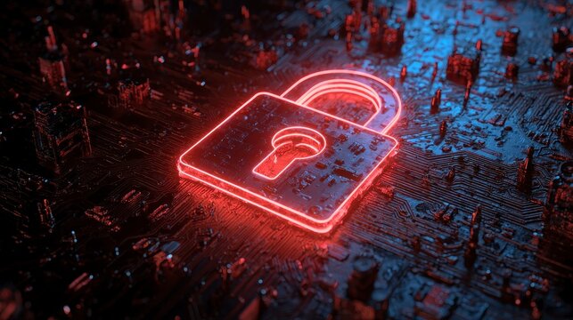 A glowing red padlock over a complex circuit board, symbolizing security and protection in the digital realm. The image has a dark, futuristic aesthetic - Powered by Adobe