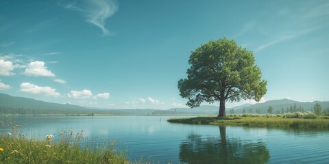Serene lake with pine tree mirror image, highlighting seasonal change, autumn