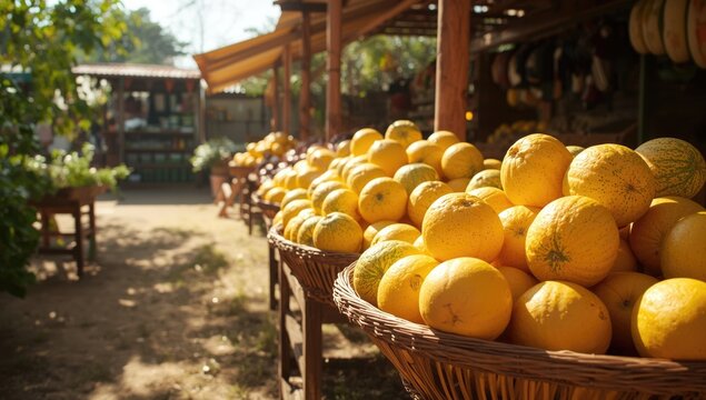 Market display of whole cantaloupes in baskets, highlighting fresh fruit for nutritious choices