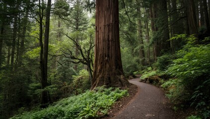 Obraz premium Redwood forest trail in New Zealand, highlighting ecological conservation and natural landscape