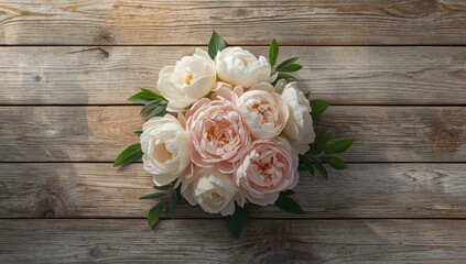 Close-up of blooming peonies on rustic wood, suitable for floral decor or nature themes