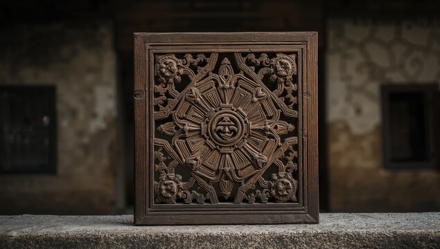 Detailed shot of aged carved design with human-like figures set against a traditional house, ideal for layout backgrounds