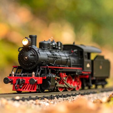 Miniature black train with red accents rolls on tracks in the woods