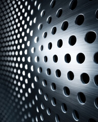 Perforated metal screen close-up, dotted sunlight pattern and sharp geometric shadows vertical