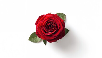 Fototapeta premium Single red rose with accompanying leaves resting on a white backdrop, ideal for botanical motif layouts