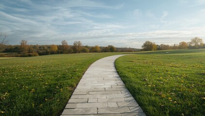 Obraz premium Green grassy park pathway with white stones and autumn leaves, ideal for editorial header backgrounds