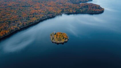 Fall scenery featuring a Masurian peninsula with colorful trees, outdoor landscape, seasonal transition