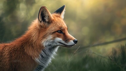 Fototapeta premium Profile of a red fox during spring showing fur and tail, natural environment, wildlife scene