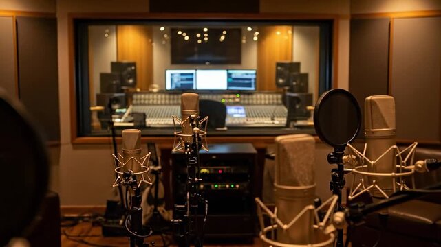 Professional Recording Studio Setup with Multiple Microphones in the Foreground and Sound Equipment in the Background, Ideal for Music Production and Voice Recording