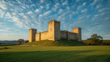 Medieval stone fortress featuring defensive towers and merlons, located in a rural town, historic preservation