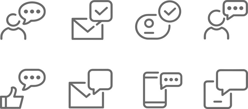 Customer service and communication icon set: support agent chat, email verification, mobile messaging, and social media feedback symbols