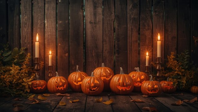 Vintage Halloween pumpkins displayed on aged wood with candles, festive autumn party setup