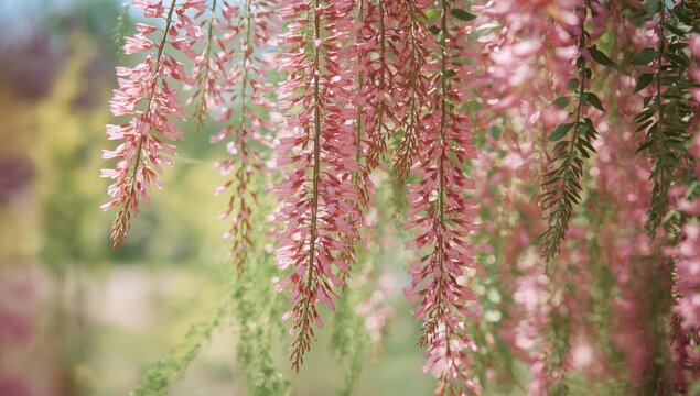Salt cedar Tamarix tetrandra displaying pink blossoms and slender green leaves, suitable for shoreline stabilization