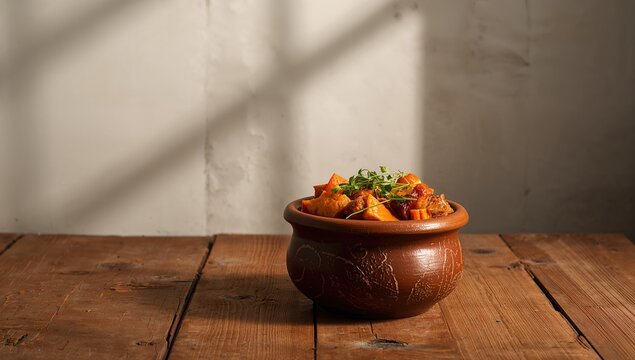 Peruvian Inca-style olluquito with charqui, dried alpaca meat, and olluco tuber stew served in a clay pot, highlighting traditional cuisine