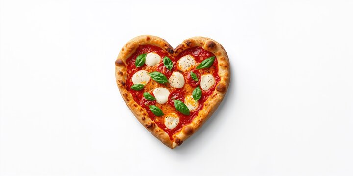 Tasty pizza in a heart shape on a plain white surface, emphasizing artistic culinary design