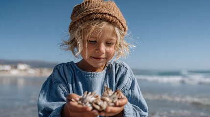 A young child holds a collection of seashells on a beach, showcasing a moment of curiosity and connection with nature while enjoying the textures and beauty of the ocean.