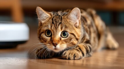 This captivating image features an adorable tabby cat crouching on a wooden floor, showcasing its beautiful fur pattern and expressive eyes in a curious pose.