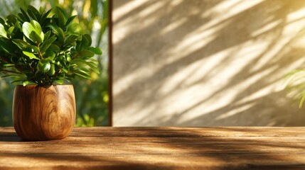 A beautifully positioned green plant in a wooden pot against a sunlit backdrop, casting interesting shadows that enhance the serene and natural setting.