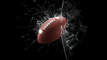 Soccer ball breaking glass surface on dark backdrop, illustrating power and collision
