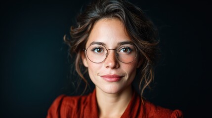 Fototapeta premium A close portrait of a charming young woman wearing glasses, set against a dark background, exuding confidence and intellectual beauty with a hint of mystery.