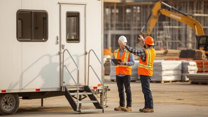Construction Site Workers Discussing Project Details Outside Portable Office in Safety Gear at Urban Development Site